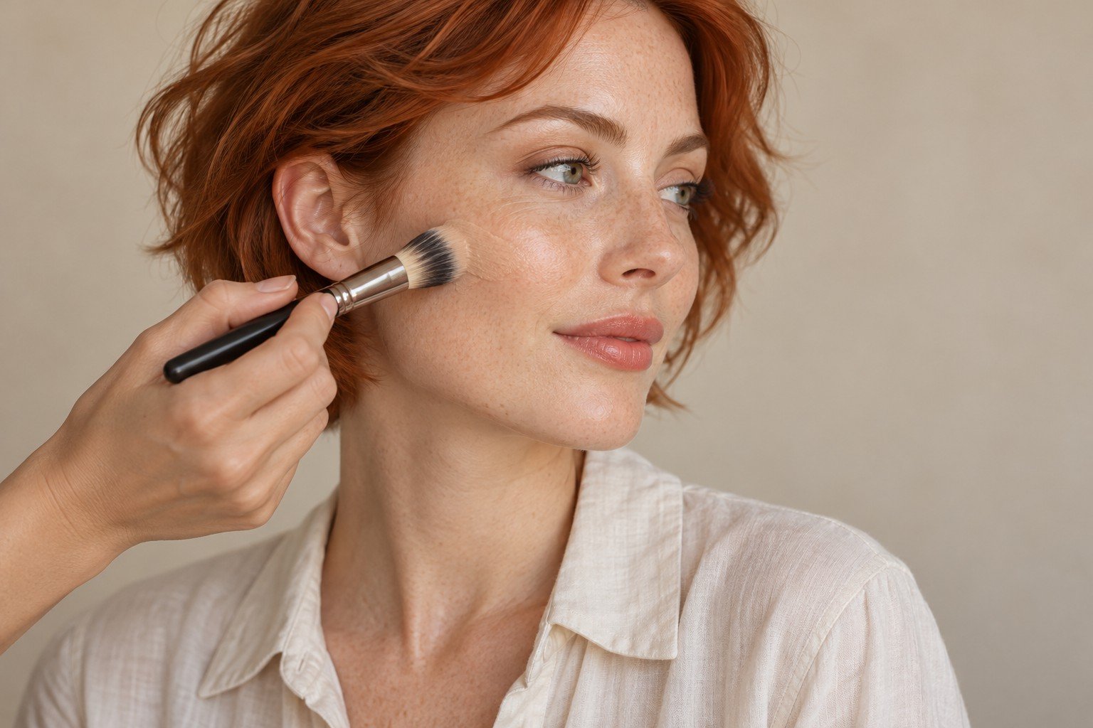Maquillage naturel léger sur un modèle roux